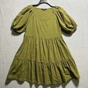 Madewell Olive Green Babydoll Tiered Puff Sleeve Mini Dress Womens Med Relaxed